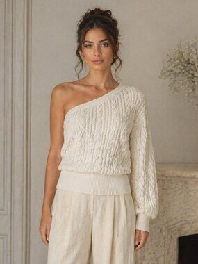 Parentezi One-Sleeve Cable Knit Sweater Small Off White Baby Alpaca Off-Shoulder